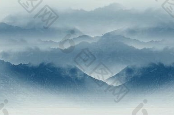 中国水墨画风格日落山景背景