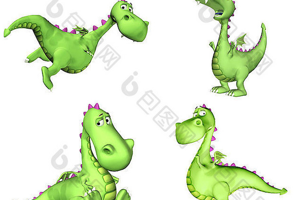 一组四（4）条绿龙的插图，在白色背景上有不同的姿势和表情-2of3