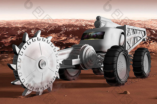 巨大的火星挖掘机在火星上挖掘资源