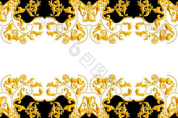 黑白背景上无缝金色巴洛克奢华设计。复古风格图案，可用于纺织品和丝绸印花。