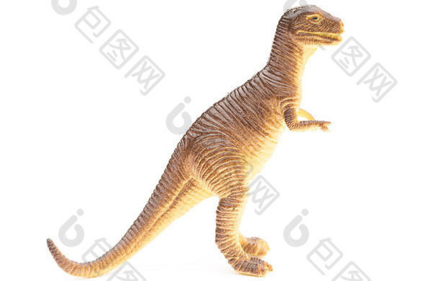 侧视图白色背景上的棕色塑料恐龙玩具