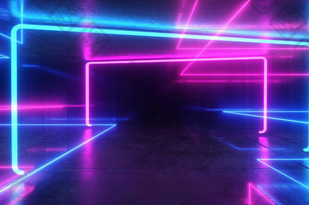 宇宙飞船霓虹灯发光的灯激光形状梁紫色的蓝色的充满活力的复古的现代未来主义的sci晚上俱乐部场景隧道走廊大厅车库难看的东西