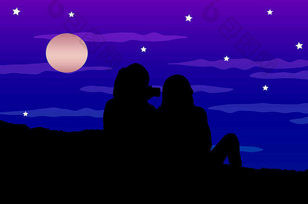 轮廓风格插图描绘回来视图夫妇坐着看月球表面