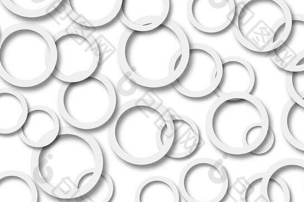 白色背景上随机排列的带软阴影的灰色圆环的抽象插图