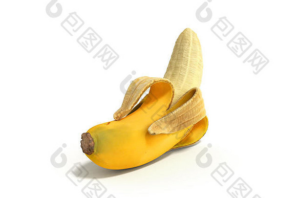 一半去皮香蕉开放香蕉渲染白色