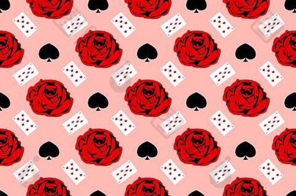 扑克牌无缝图案。粉红色背景上的红玫瑰。。