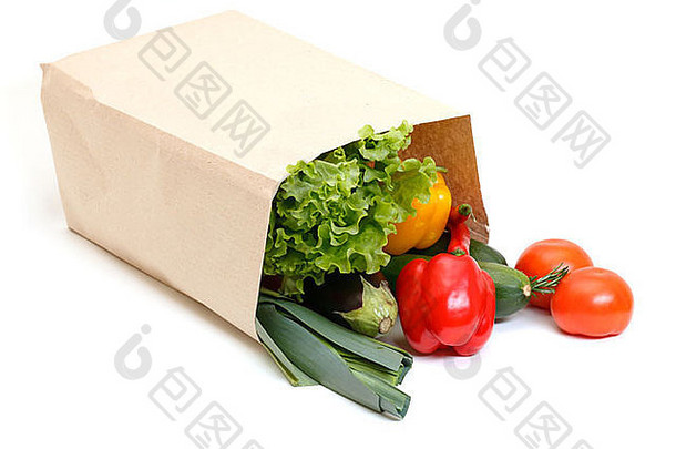 杂货店袋完整的蔬菜孤立的白色背景