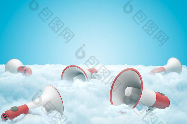 一组扩音器躺在厚厚的一层白色蓬松的云层上，上面是蓝天的3d渲染。
