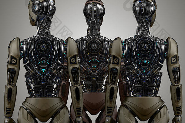 集团机器人详细的未来主义的电子人仿人机器人站回来视图灰色的背景插图