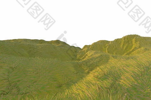绿色的草山被温暖的阳光照亮，白色背景从无人机或飞机俯视。文本的空间。三维插图渲染