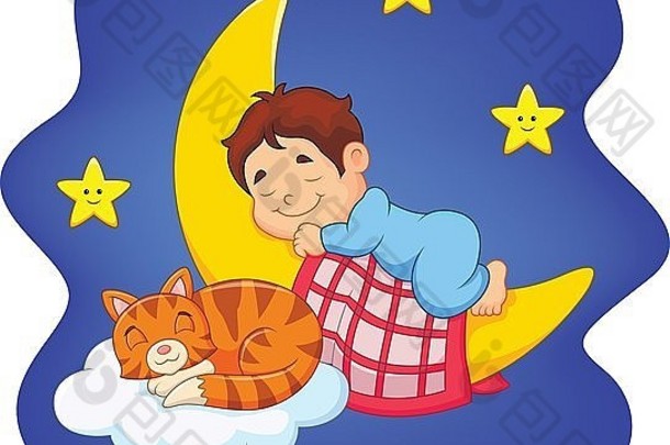 可爱的小男孩和睡在月亮上的猫