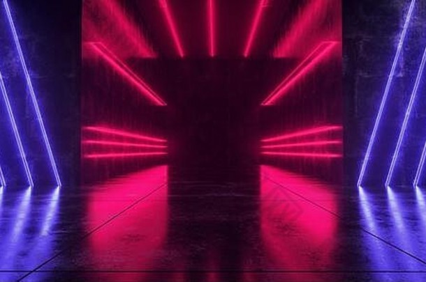暗霓虹灯背景科幻现代未来派格伦格混凝土房间垂直Pantone红<strong>蓝色</strong>发光灯管激光器文本和回流的空白空间