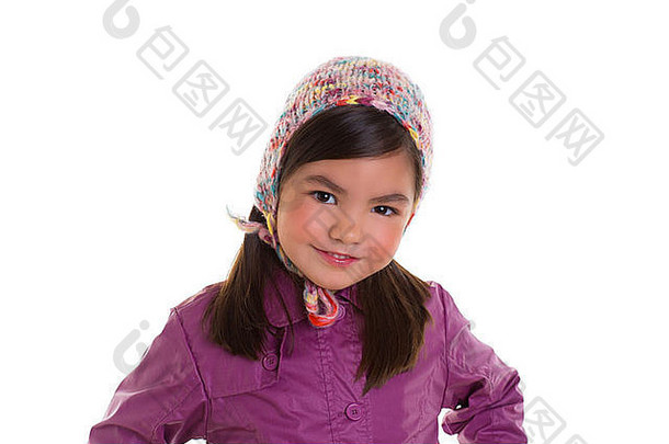 亚洲孩子孩子女孩冬天肖像紫色的外套羊毛帽白色背景