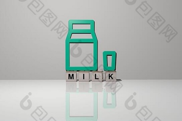 牛奶的3D表现，墙上有图标，镜子地板上有金属立方体字母排列的文本，用于概念含义和幻灯片演示。背景和插图