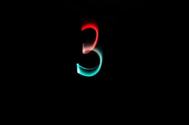 数字，从0到9，由彩色灯笼和黑色背景组成，采用光绘技术。