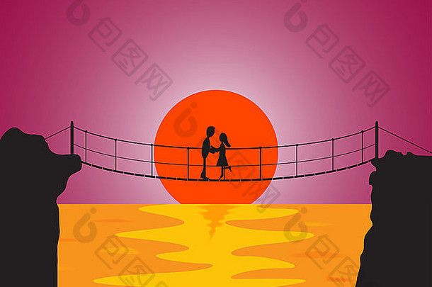日落时分，一对情侣在海上的一座旧木桥上接吻