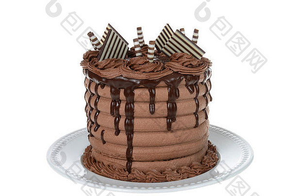 在整个巧克力蛋糕的特写镜头中，巧克力甘纳切从两侧滴下，顶部的糖果装饰呈现在小的米白色瓷盘上，