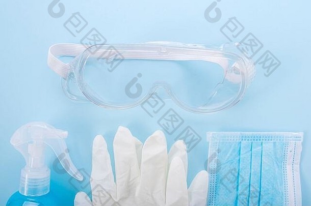 冠状病毒科维德预防集医疗外科手术面具眼镜手洗手液过来这里手卫生平衡护理概念