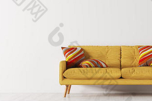 现代室内生活房间黄色的沙发木地板上灯白色墙全景呈现