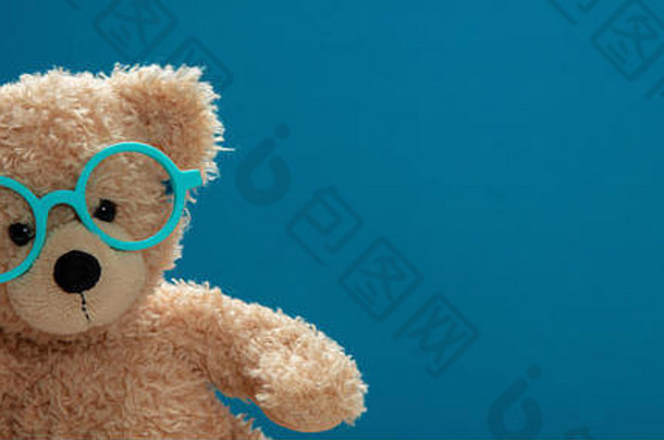 回到学校，视力测试。聪明的孩子，可爱的泰迪戴着蓝色背景的眼镜，横幅，空间。