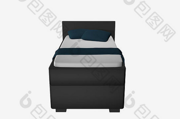 灰色的单床上前面枕头毯子装饰呈现孤立的白色