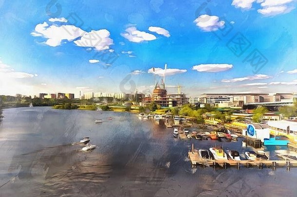 莫斯科河上的现代海洋彩画看起来像一幅画
