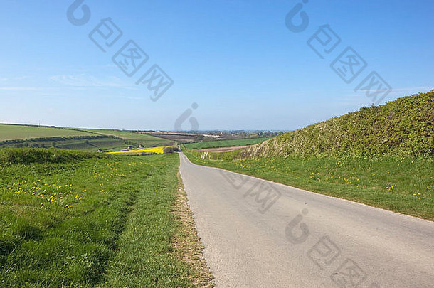 一幅英国风景画，春天蓝天下，一条乡村公路穿过耕地