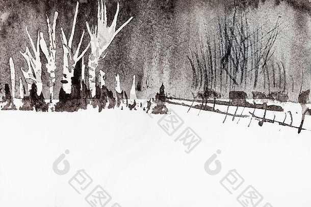 桦木格罗夫郊区村冬天手画水彩画油漆变形纸