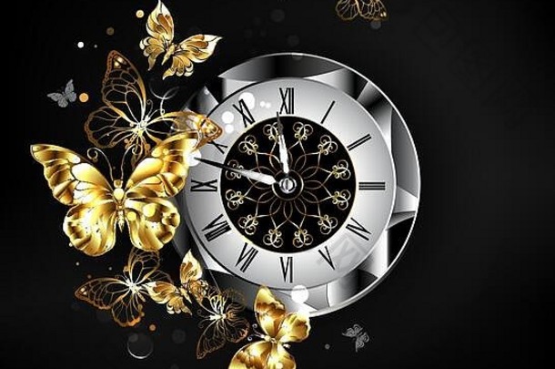 古董时钟装饰有图案的刻度盘黑色的拉丁数字飞行黄金珠宝蝴蝶黑色的背景