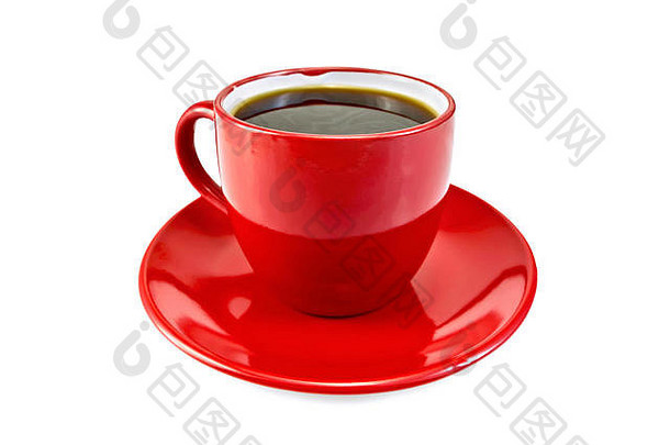 茶碟上的咖啡杯是红色的，背景是白色的