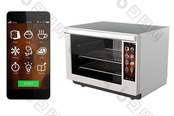 电烤箱聪明的电话孤立的白色背景聪明的电话应用程序用户控制烤箱呈现图像
