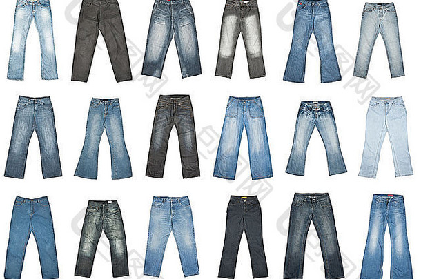牛仔裤裤子系列，白色隔离。