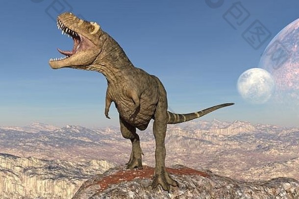 霸王龙恐龙，岩石上咆哮的霸王龙爬行动物，荒芜自然环境中的史前侏罗纪动物，3D插图