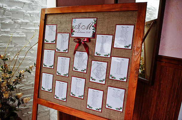 婚礼木板，上面有客人名单和<strong>桌号</strong>。