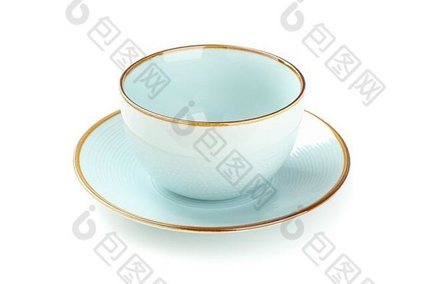 蓝色干净的盘子和碗在白色背景上隔离。厨房，上菜