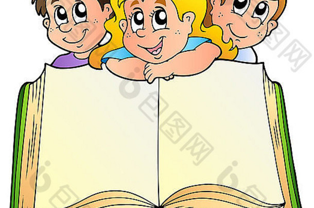 三个孩子打开了书——孤立的插图。