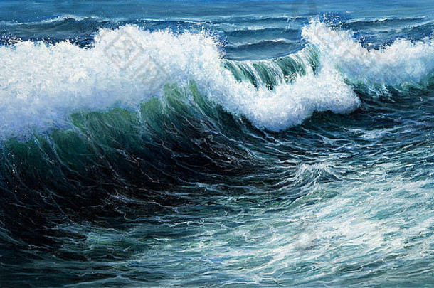 油画原作，在画布上展示海洋或海洋中的巨大风暴。现代印象派、现代主义、马林主义