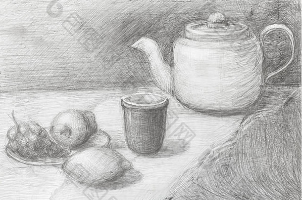 训练图片-铅笔画的茶壶、杯子和水果的静物画