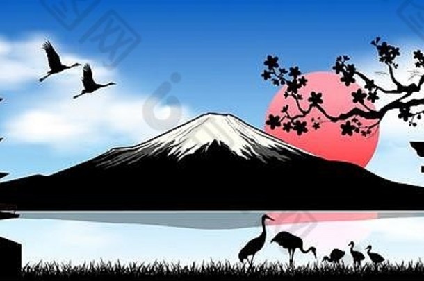 黎明时富士山的剪影。风景，富士山。蓝天白云映衬下的富士山。