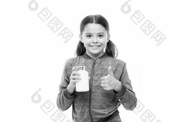 健康的孩子维生素Jar体育运动饮食使好结果女孩维生素补充小孩子孤立的白色<strong>药</strong>片健康的增长早期物理发展食物添加剂复杂的