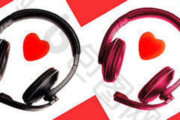 一套耳机，耳机颜色为黑色、紫色、绿色、靛蓝和红色，背景为红色和白色。呼叫中心、技术支持、爱心、，