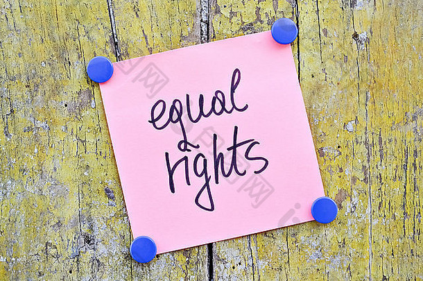 木质背景上印有“平等权利”字样的粉色贴纸