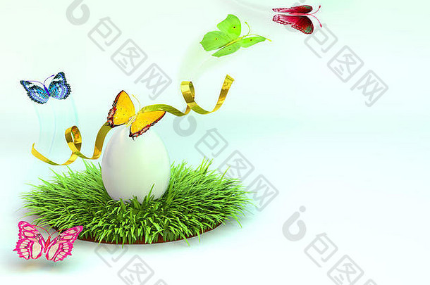 复活节彩蛋在草地上打着蝴蝶结，蝴蝶在四周飞舞。三维渲染。