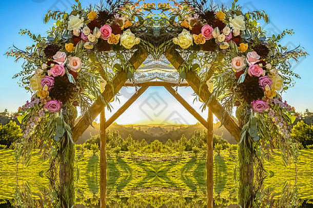 全景框在日落时展示婚礼的花卉装饰