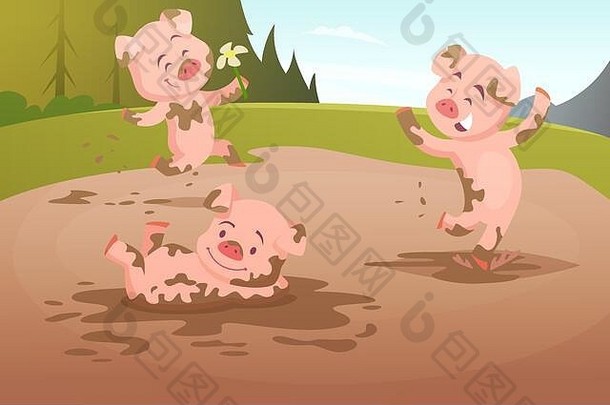 在脏水坑里玩的小猪