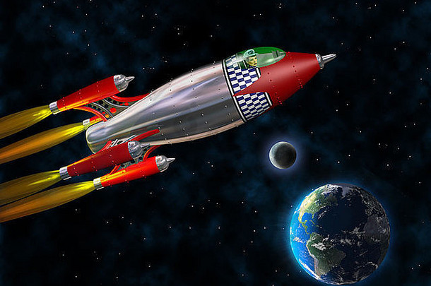 复古火箭穿越太空的程式化插图
