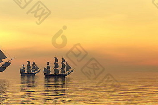 三艘美丽的老商船在夕阳的余晖下静静地漂浮在水面上
