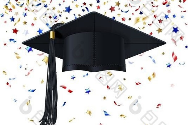 白色背景上印有五彩纸屑的毕业生帽