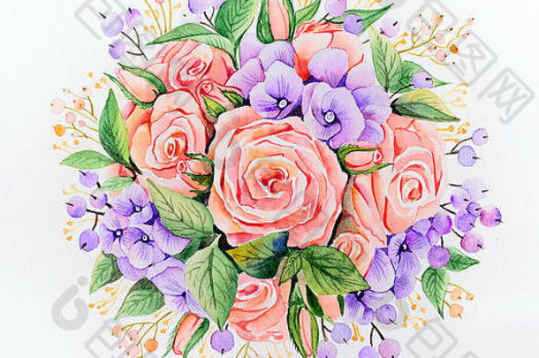 花束形状球左粉红色的玫瑰淡紫色绣球花装饰类型绿色叶子