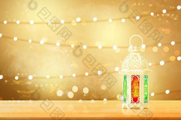 阿拉伯语灯美丽的光木表格模糊的灯背景